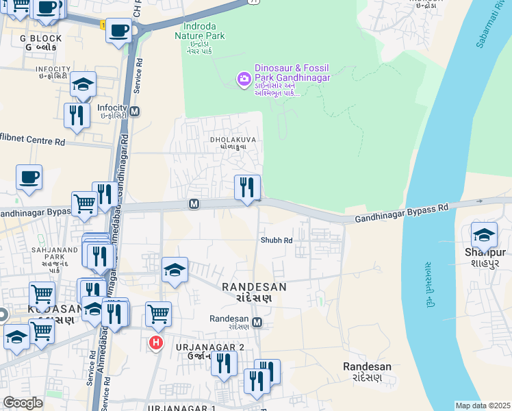 map of restaurants, bars, coffee shops, grocery stores, and more near Sanskruti Road in Gandhinagar