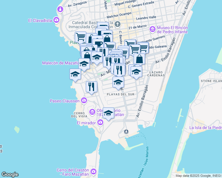 map of restaurants, bars, coffee shops, grocery stores, and more near 188 Playa Copacabana in Mazatlán