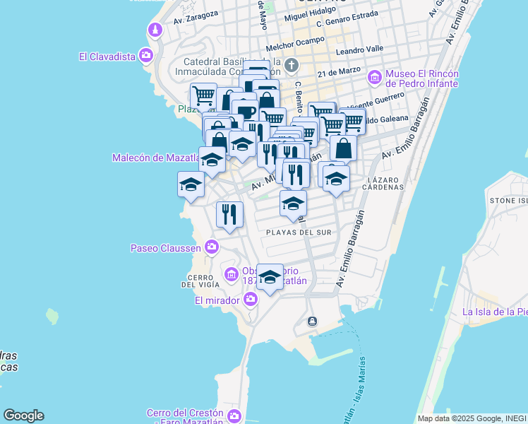 map of restaurants, bars, coffee shops, grocery stores, and more near 188 Playa Copacabana in Mazatlán