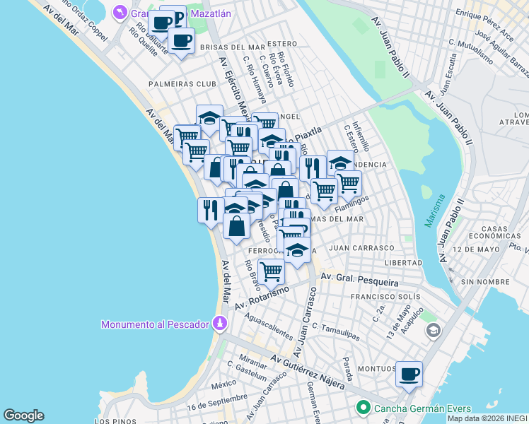 map of restaurants, bars, coffee shops, grocery stores, and more near 405 Avenida de la Gaviotas in Mazatlán
