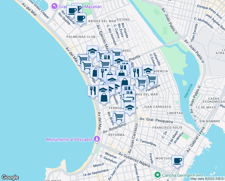 map of restaurants, bars, coffee shops, grocery stores, and more near 504 Río Presidió in Mazatlan