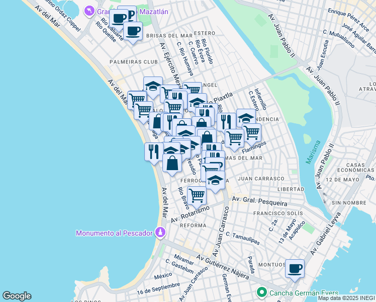 map of restaurants, bars, coffee shops, grocery stores, and more near 504 Río Presidio in Mazatlán