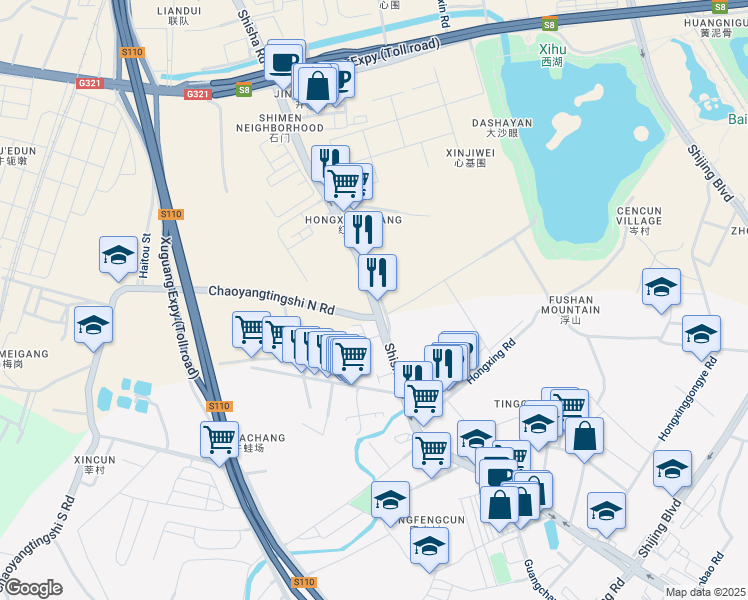 map of restaurants, bars, coffee shops, grocery stores, and more near Shi Sha Lu in Guang Zhou Shi