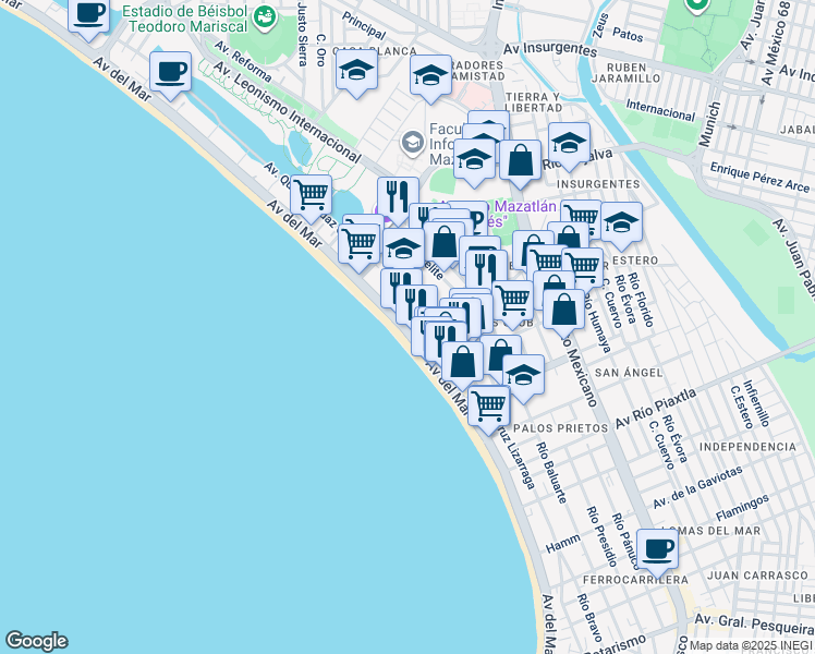 map of restaurants, bars, coffee shops, grocery stores, and more near Río Elota in Mazatlán