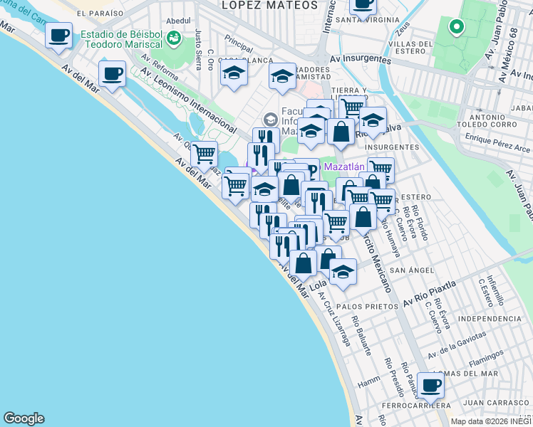 map of restaurants, bars, coffee shops, grocery stores, and more near Río Elota in Mazatlán