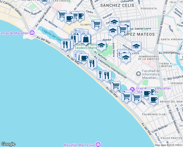 map of restaurants, bars, coffee shops, grocery stores, and more near Del Mar in Mazatlán
