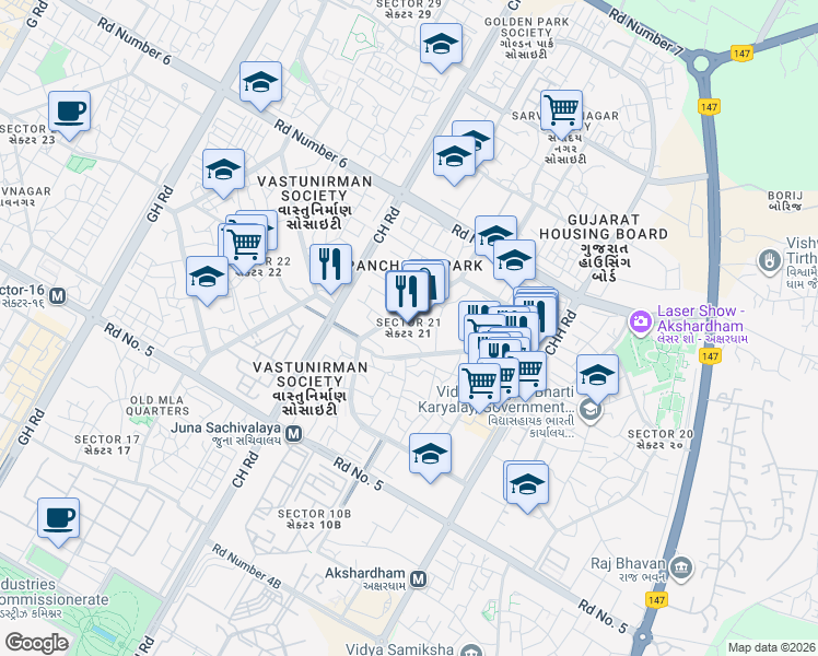 map of restaurants, bars, coffee shops, grocery stores, and more near in Gandhinagar