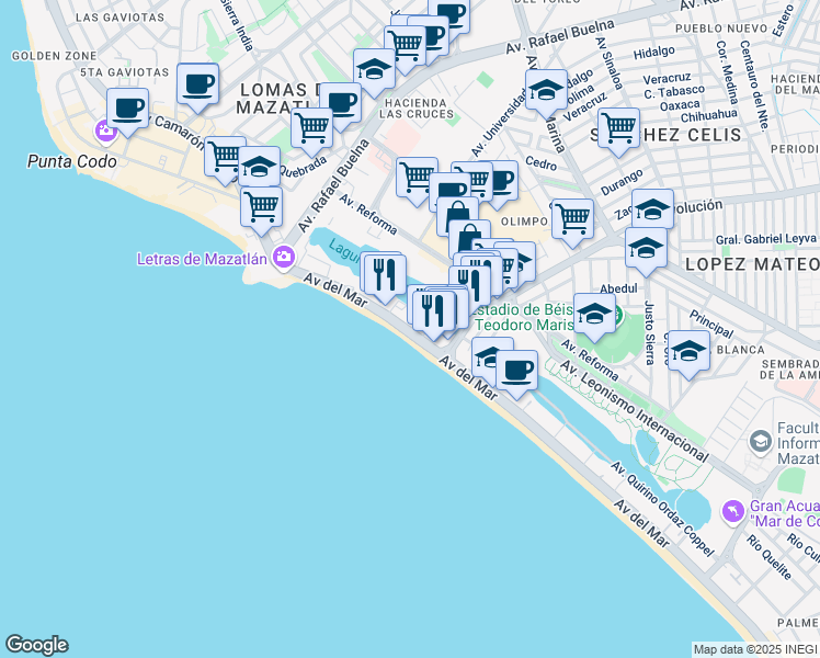 map of restaurants, bars, coffee shops, grocery stores, and more near 1020 Av. del Mar in Mazatlán