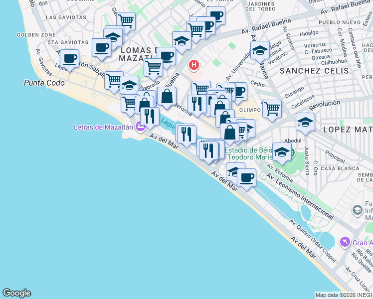 map of restaurants, bars, coffee shops, grocery stores, and more near 1115 Avenida del Mar in Mazatlán