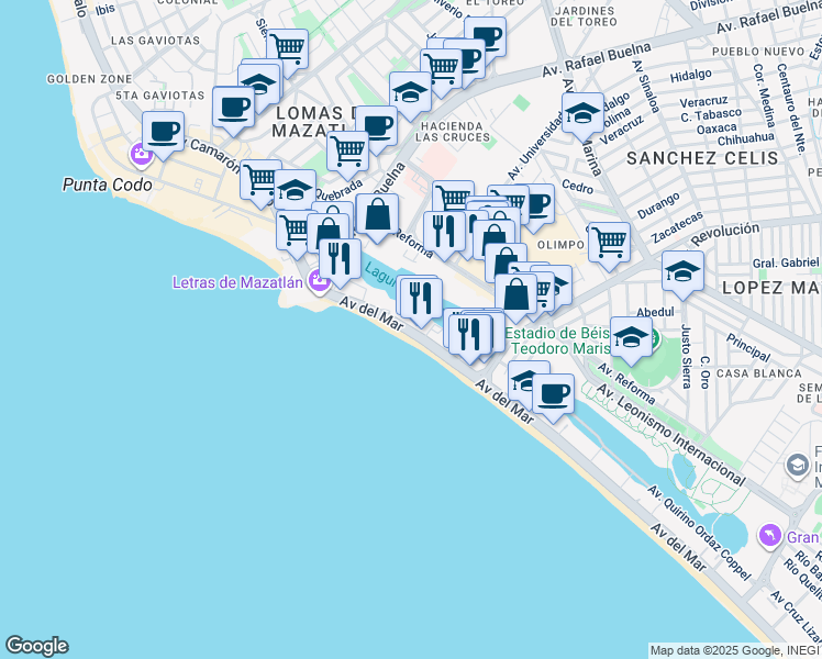 map of restaurants, bars, coffee shops, grocery stores, and more near 1115 Avenida del Mar in Mazatlán