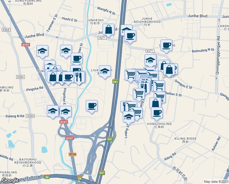 map of restaurants, bars, coffee shops, grocery stores, and more near Ji Chang Gao Su Gong Lu in Guang Zhou Shi