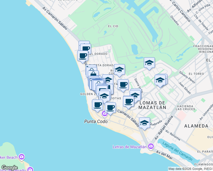 map of restaurants, bars, coffee shops, grocery stores, and more near 307 Calle Río Bravo in Mazatlán
