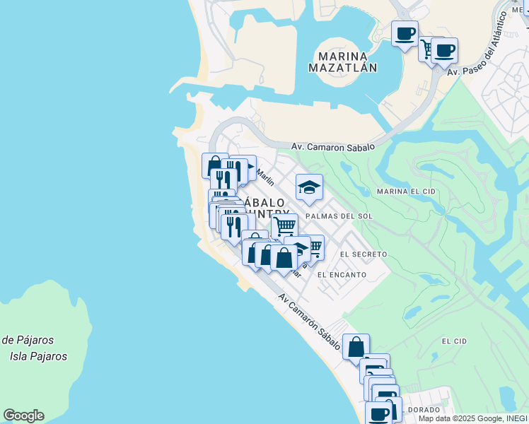 map of restaurants, bars, coffee shops, grocery stores, and more near in Mazatlán