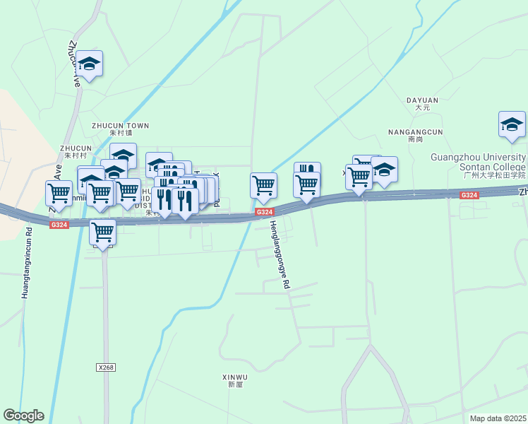map of restaurants, bars, coffee shops, grocery stores, and more near Zhu Cun Da Dao Zhong in Guang Zhou Shi