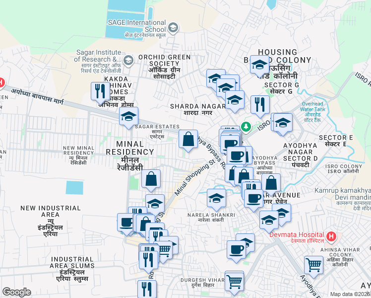 map of restaurants, bars, coffee shops, grocery stores, and more near Ayodhya Bypass Road in Bhopal