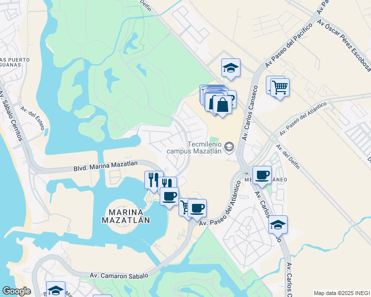 map of restaurants, bars, coffee shops, grocery stores, and more near 6132 Diamante in Mazatlán