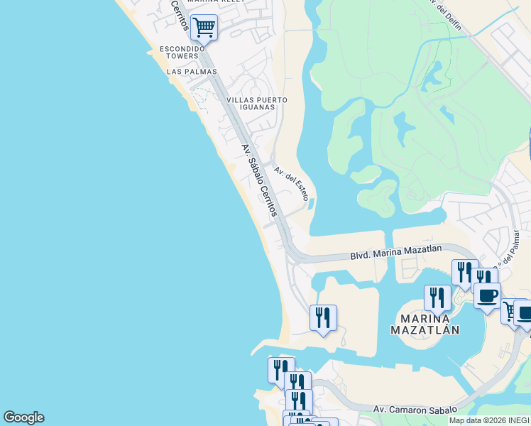 map of restaurants, bars, coffee shops, grocery stores, and more near 3100 Avenida Sábalo Cerritos in Mazatlán