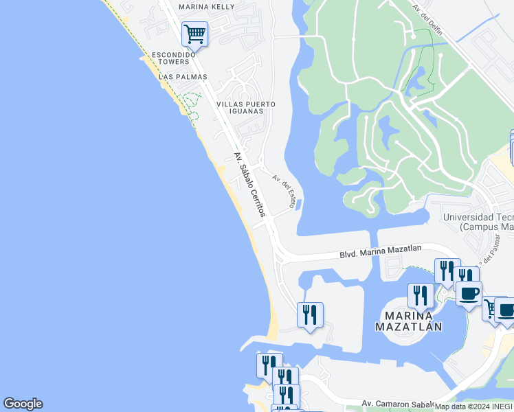 map of restaurants, bars, coffee shops, grocery stores, and more near 3100 Avenida Sábalo Cerritos in Mazatlán