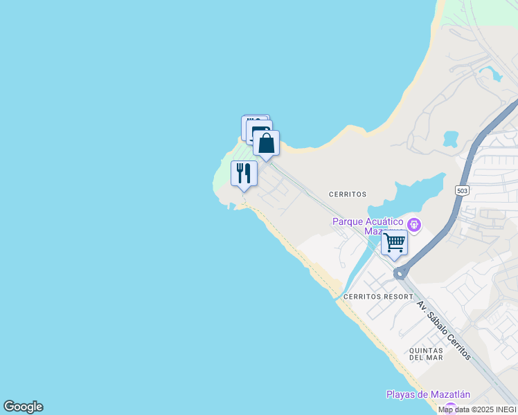 map of restaurants, bars, coffee shops, grocery stores, and more near SN-S CLUB DE TENIS Del Yugo in Mazatlán