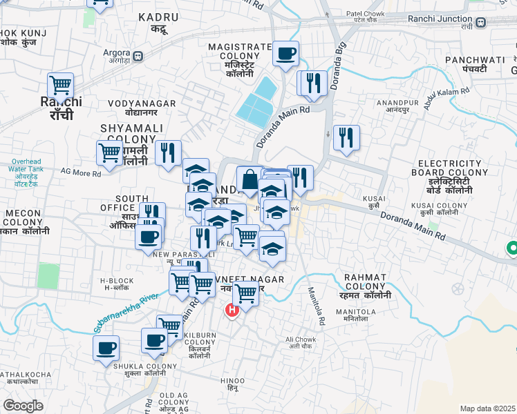 map of restaurants, bars, coffee shops, grocery stores, and more near Doranda Bazar Road in Ranchi