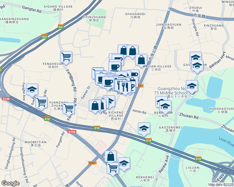 map of restaurants, bars, coffee shops, grocery stores, and more near Hua Xi Lu in Guang Zhou Shi