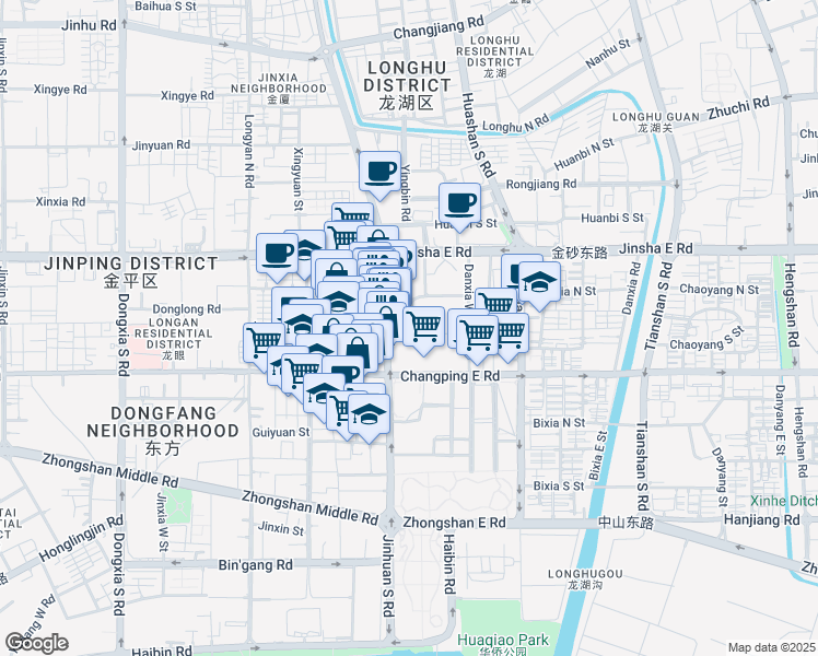 map of restaurants, bars, coffee shops, grocery stores, and more near Jin Huan Nan Lu in Shan Tou Shi