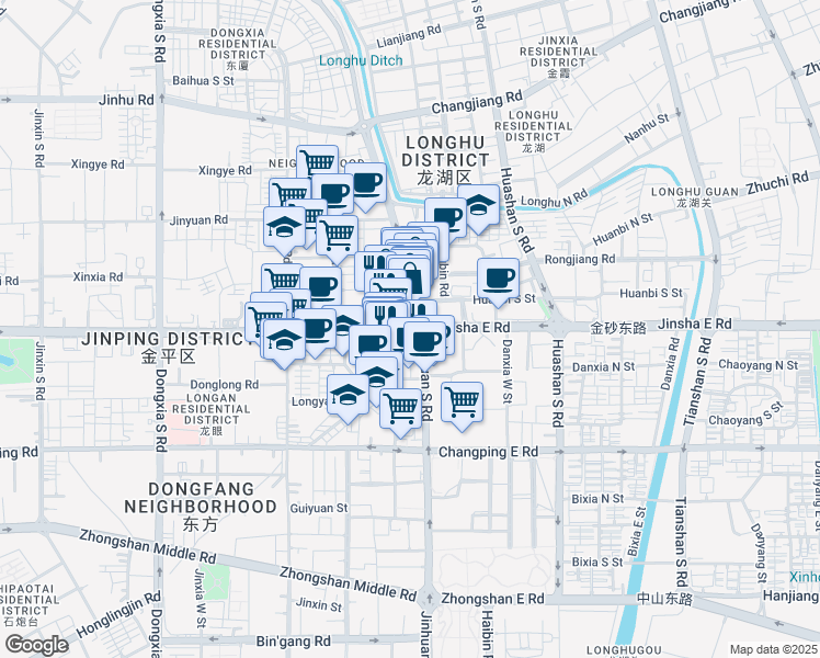 map of restaurants, bars, coffee shops, grocery stores, and more near Jin Huan Nan Lu in Shan Tou Shi