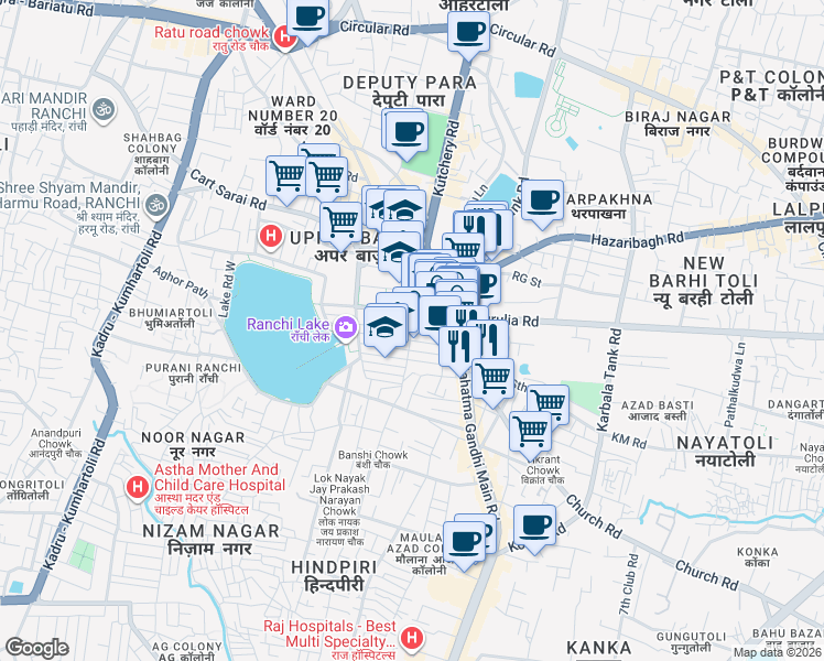 map of restaurants, bars, coffee shops, grocery stores, and more near SN Ganguly Road in Ranchi