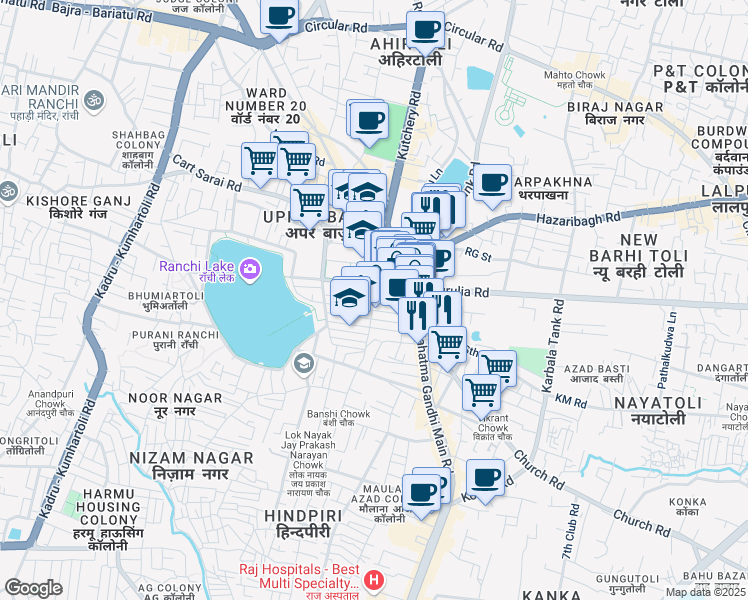 map of restaurants, bars, coffee shops, grocery stores, and more near SN Ganguly Road in Ranchi