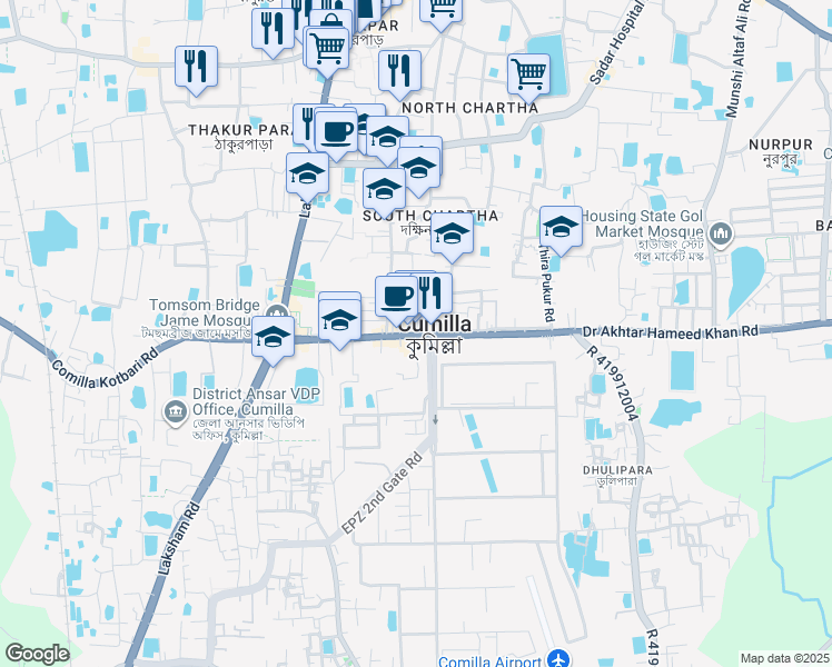map of restaurants, bars, coffee shops, grocery stores, and more near ইয়াসিন মার্কেট রোড in Comilla
