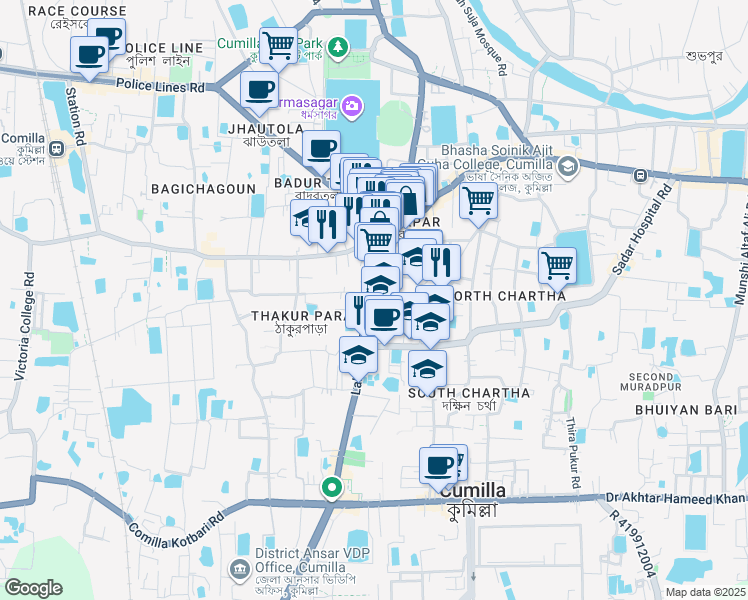 map of restaurants, bars, coffee shops, grocery stores, and more near Laksham Road in Comilla