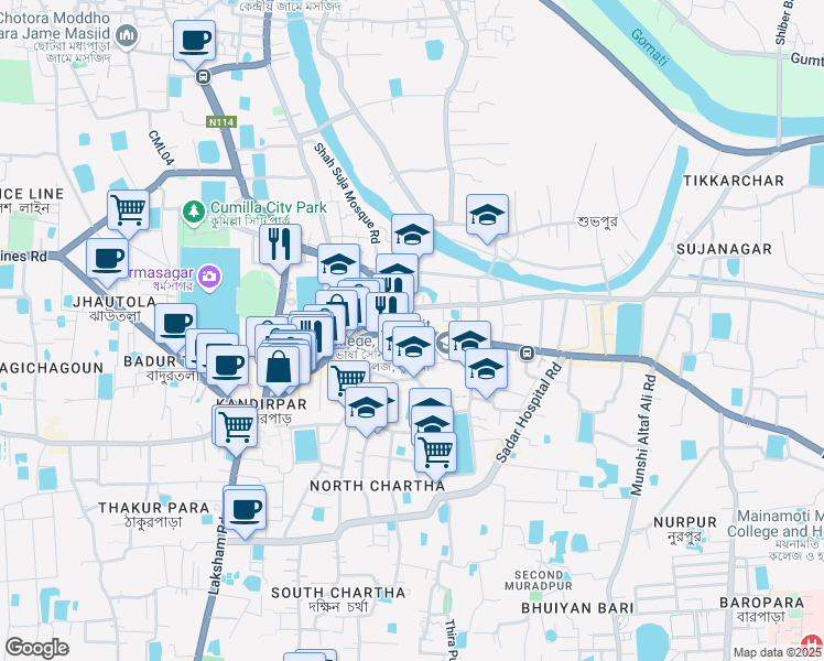 map of restaurants, bars, coffee shops, grocery stores, and more near Dr Akhtar Hameed Khan Road in Comilla