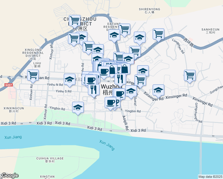 map of restaurants, bars, coffee shops, grocery stores, and more near in Wuzhou
