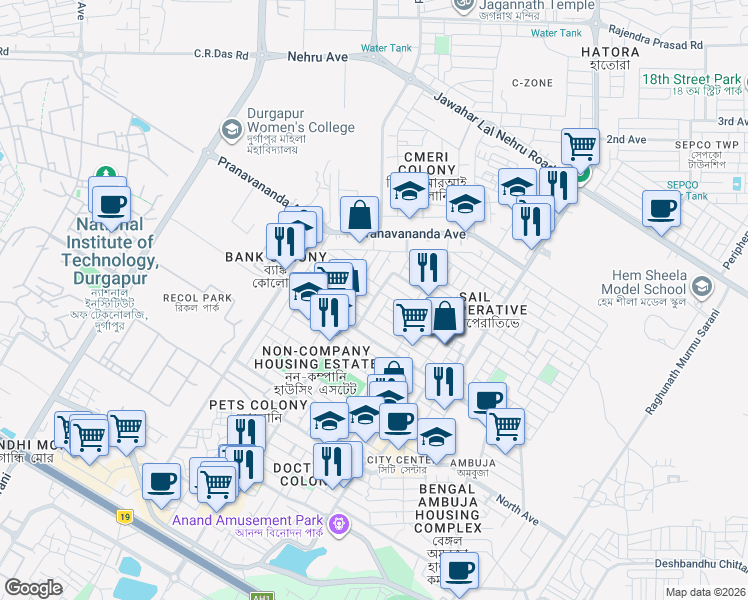 map of restaurants, bars, coffee shops, grocery stores, and more near Matangini Hazra Bithi in Durgapur