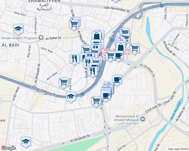map of restaurants, bars, coffee shops, grocery stores, and more near Al Bahri Road in Muscat