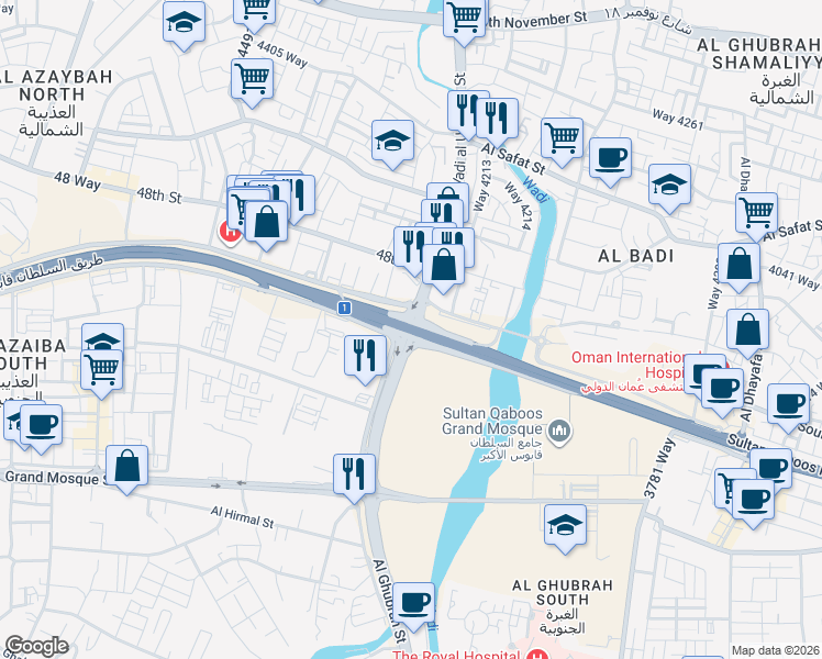 map of restaurants, bars, coffee shops, grocery stores, and more near Al Bahri Road in Muscat