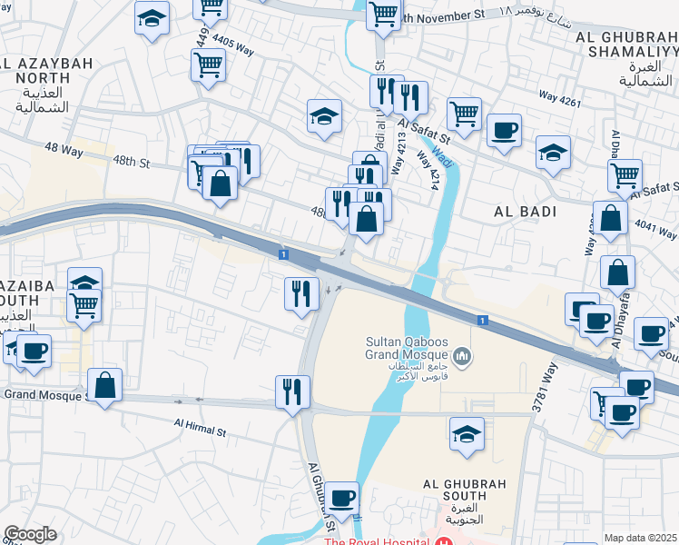 map of restaurants, bars, coffee shops, grocery stores, and more near in Muscat