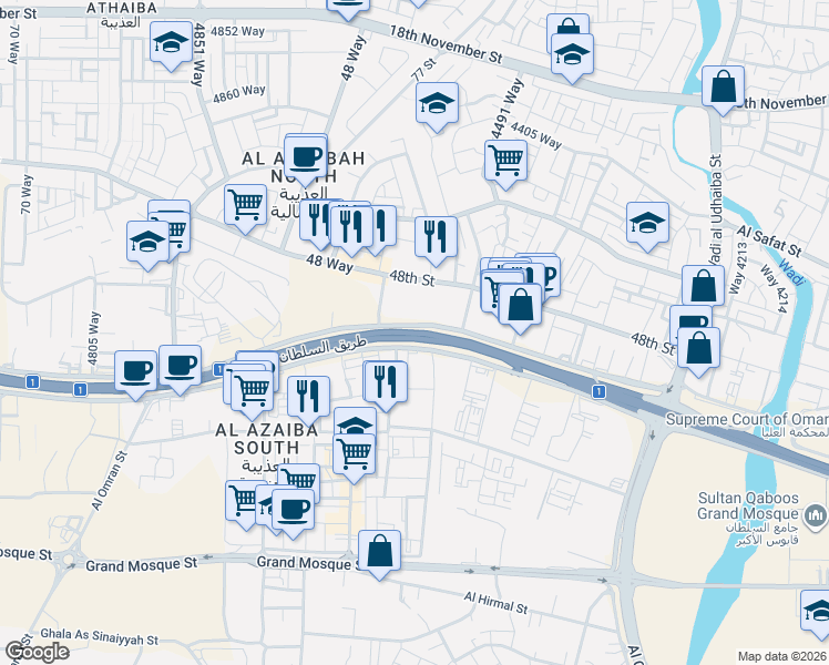 map of restaurants, bars, coffee shops, grocery stores, and more near Sultan Qaboos Street in Muscat