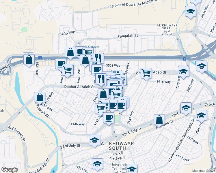 map of restaurants, bars, coffee shops, grocery stores, and more near Dohat Al Adab Street in Muscat