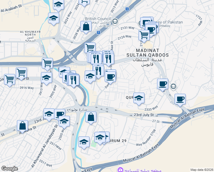 map of restaurants, bars, coffee shops, grocery stores, and more near Dawat Al Adab street in Muscat