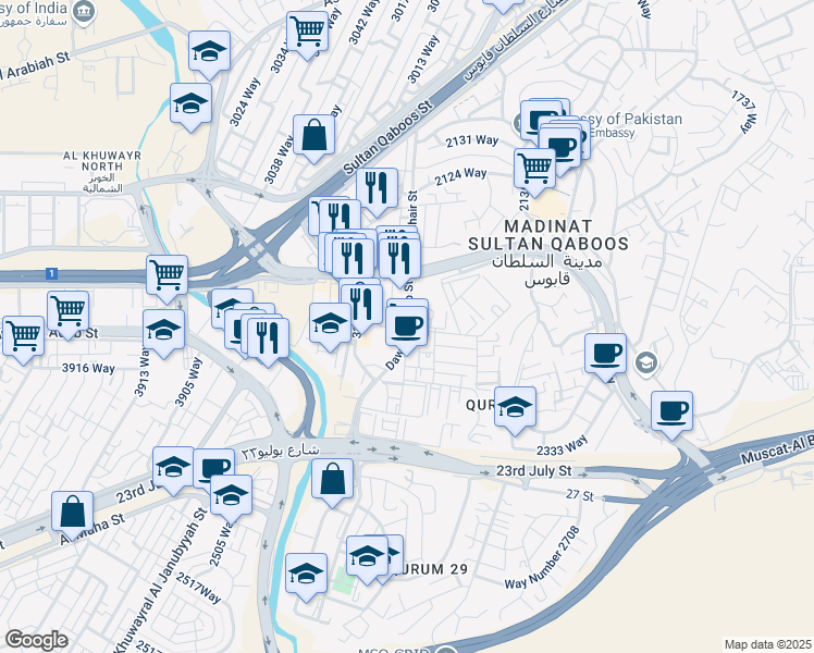 map of restaurants, bars, coffee shops, grocery stores, and more near Dawat Al Adab Street in Muscat