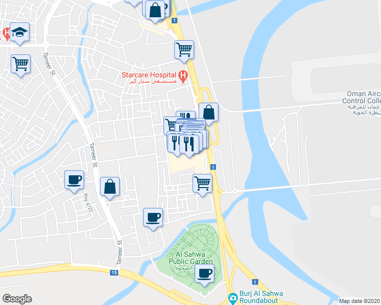 map of restaurants, bars, coffee shops, grocery stores, and more near Seeb Street in Muscat