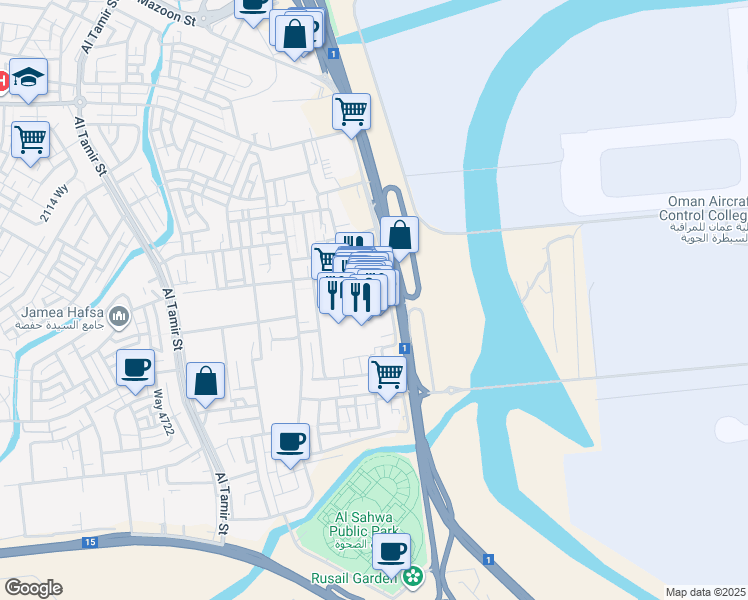 map of restaurants, bars, coffee shops, grocery stores, and more near Seeb Street in Muscat