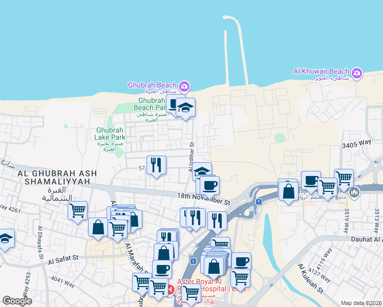 map of restaurants, bars, coffee shops, grocery stores, and more near Al Izdihar Street in Muscat