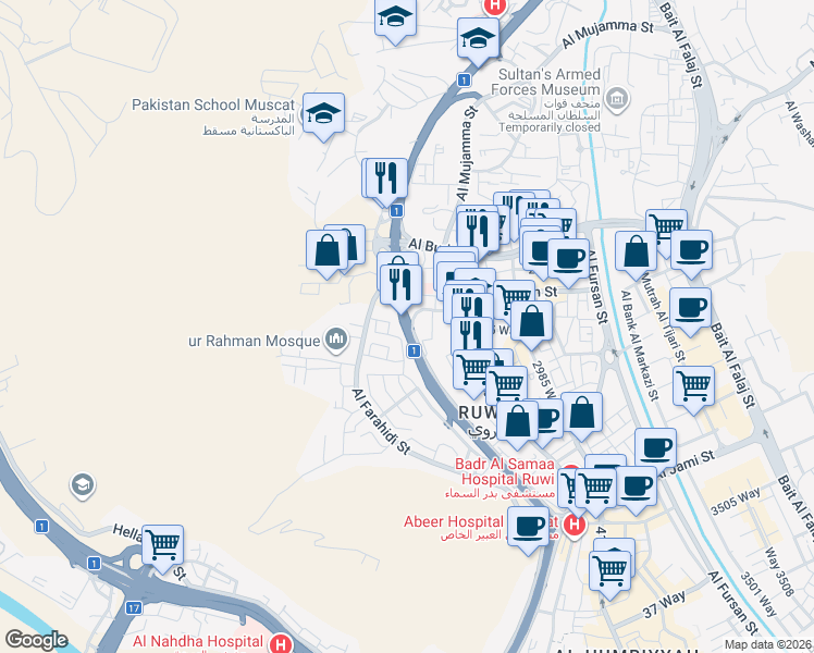map of restaurants, bars, coffee shops, grocery stores, and more near Ruwi Street in Muscat
