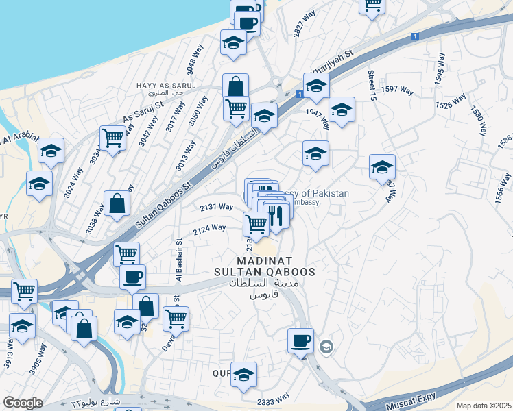 map of restaurants, bars, coffee shops, grocery stores, and more near Al Bashair Street in Muscat