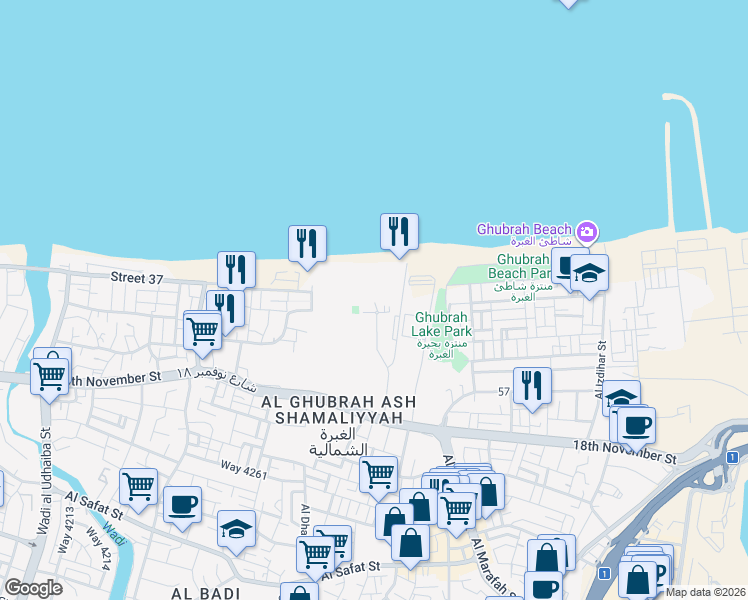 map of restaurants, bars, coffee shops, grocery stores, and more near 133 18th November Street in Muscat