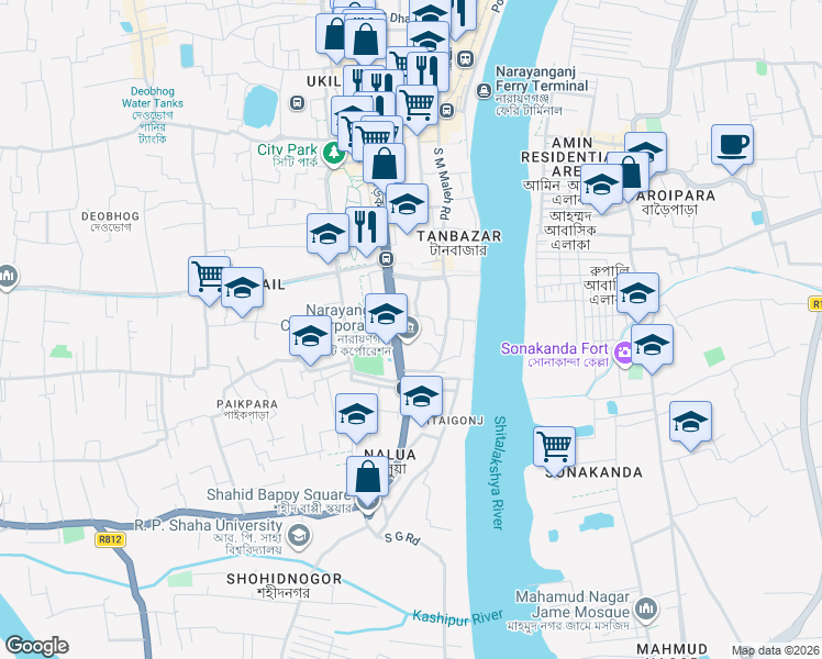 map of restaurants, bars, coffee shops, grocery stores, and more near Bongshal Road in Narayanganj