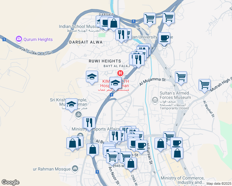 map of restaurants, bars, coffee shops, grocery stores, and more near Al Bahri Road in Muscat