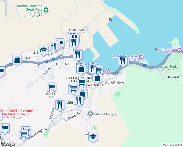 map of restaurants, bars, coffee shops, grocery stores, and more near in مسقط